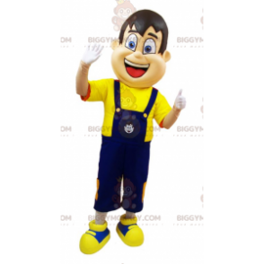 Kostým maskota BIGGYMONKEY™ muže v modré kombinéze a žlutém