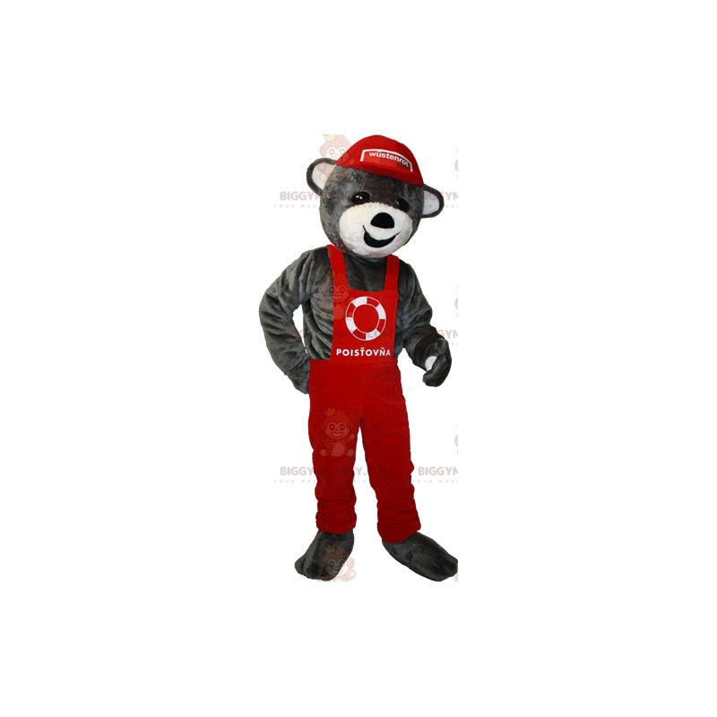 BIGGYMONKEY™ Mascot Costume of Gray Teddy in Red Overalls and