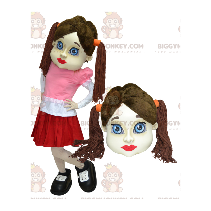 BIGGYMONKEY™ Maskotdräkt Brun flicka med flätor uppklädd kjol -