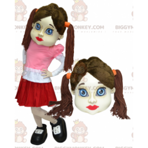 BIGGYMONKEY™ Mascot Costume Brown Girl With Pigtails Dressed Up