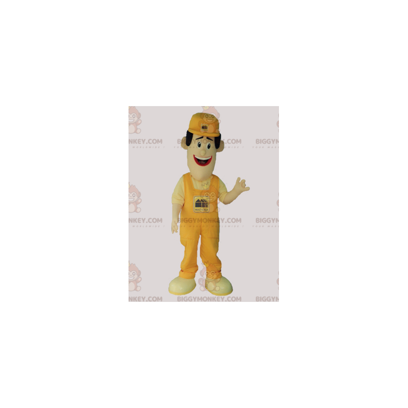 BIGGYMONKEY™ Mascot Costume of Man in Yellow Overalls and Cap –