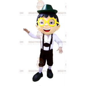 Boy's BIGGYMONKEY™ Mascot Costume in Overalls Glasses and Hat –