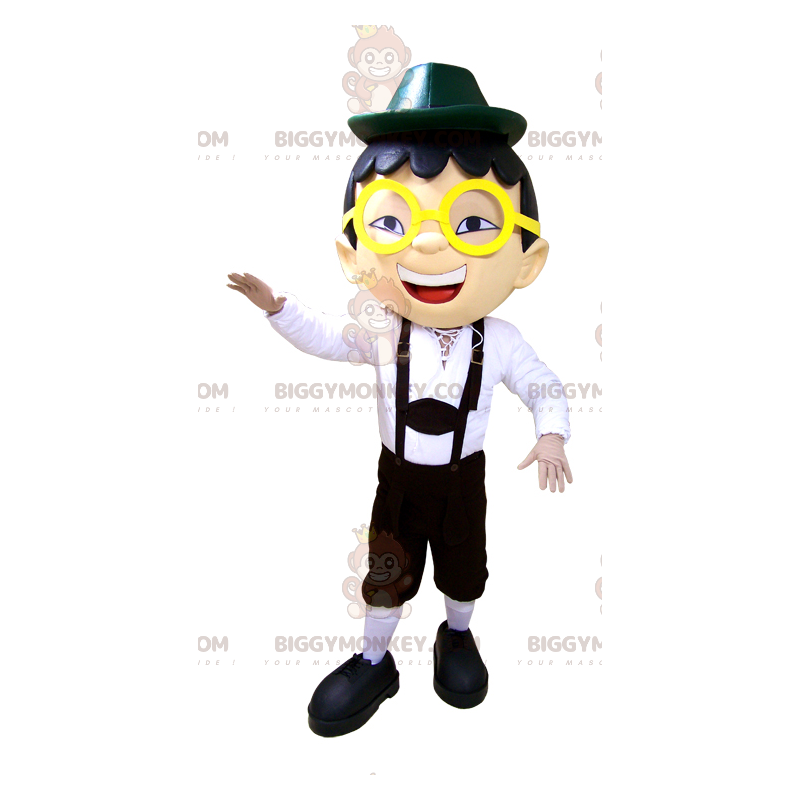 Boy's BIGGYMONKEY™ maskotdräkt i overall, glasögon och hatt -