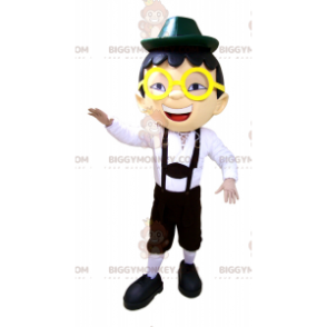 Boy's BIGGYMONKEY™ Mascot Costume in Overalls Glasses and Hat -