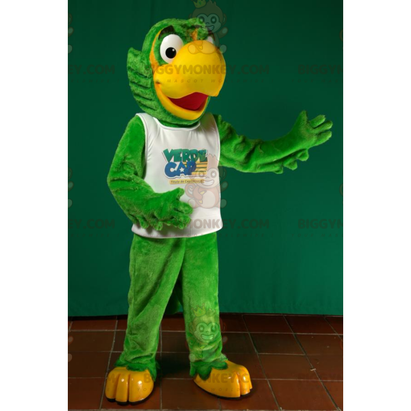 Traje de mascote de papagaio verde e amarelo grande