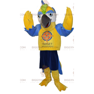 Costume mascotte BIGGYMONKEY™ uccello gigante giallo e blu -