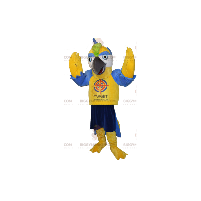 Costume mascotte BIGGYMONKEY™ uccello gigante giallo e blu -