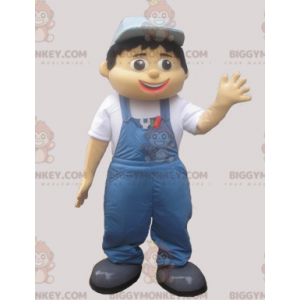BIGGYMONKEY™ Mascot Costume of Man in Blue Overalls and Cap –