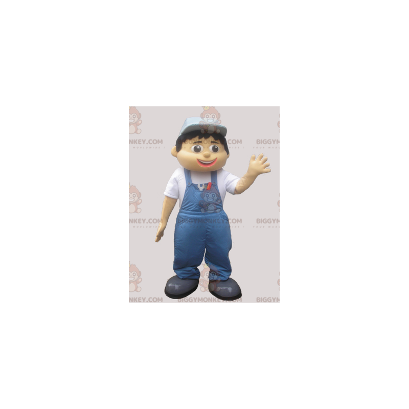 BIGGYMONKEY™ Mascot Costume of Man i blå overalls og kasket -