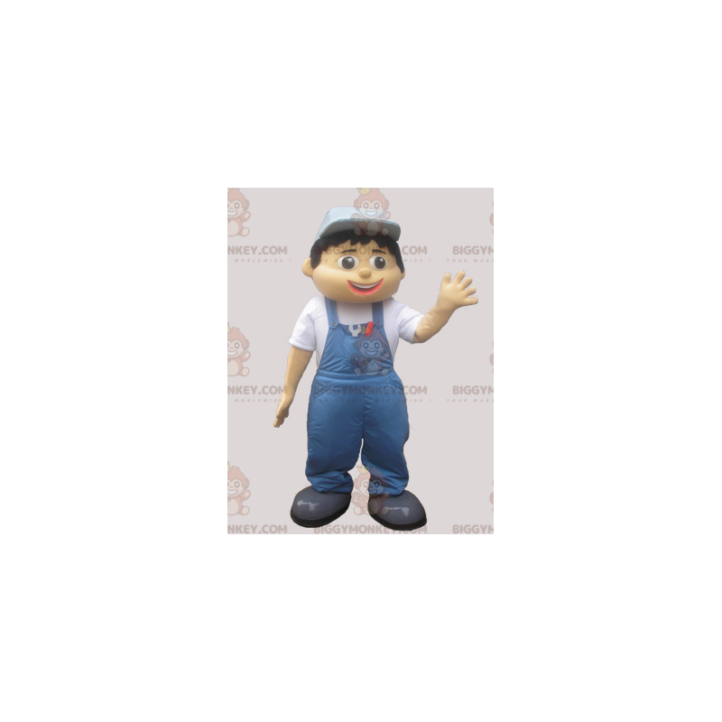 BIGGYMONKEY™ Mascot Costume of Man in Blue Overalls and Cap –