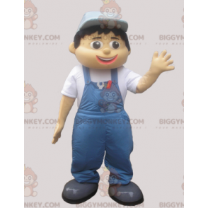 Traje de mascote BIGGYMONKEY™ de homem de macacão azul e boné –