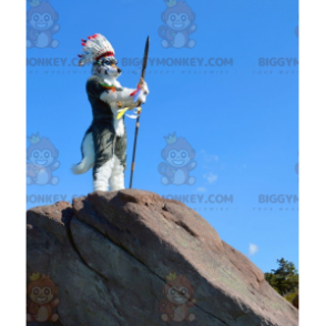 BIGGYMONKEY™ Mascot Costume Gray and White Wolfdog with Indian