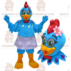 Costume de mascotte BIGGYMONKEY™ de poule de coq bleu et jaune