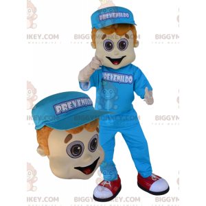 BIGGYMONKEY™ maskottipuku siniseen pukeutuneesta nuoresta