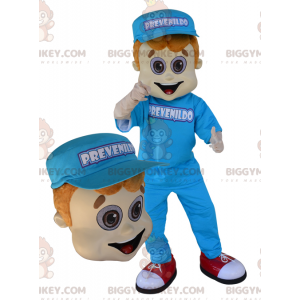 Traje de mascote BIGGYMONKEY™ de jovem vestido de azul com um