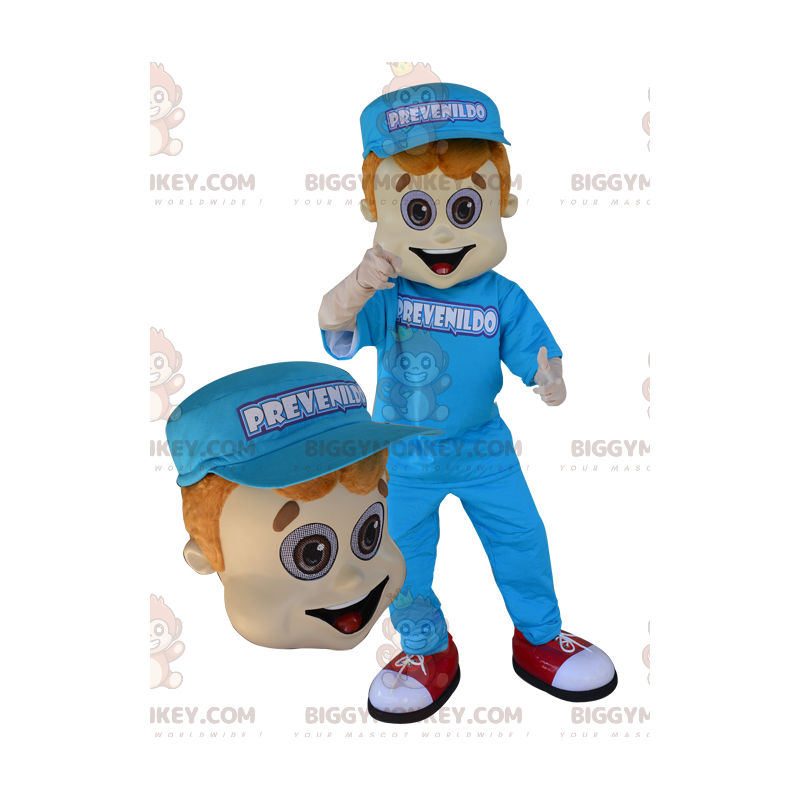 BIGGYMONKEY™ mascot costume of young man dressed in blue with a