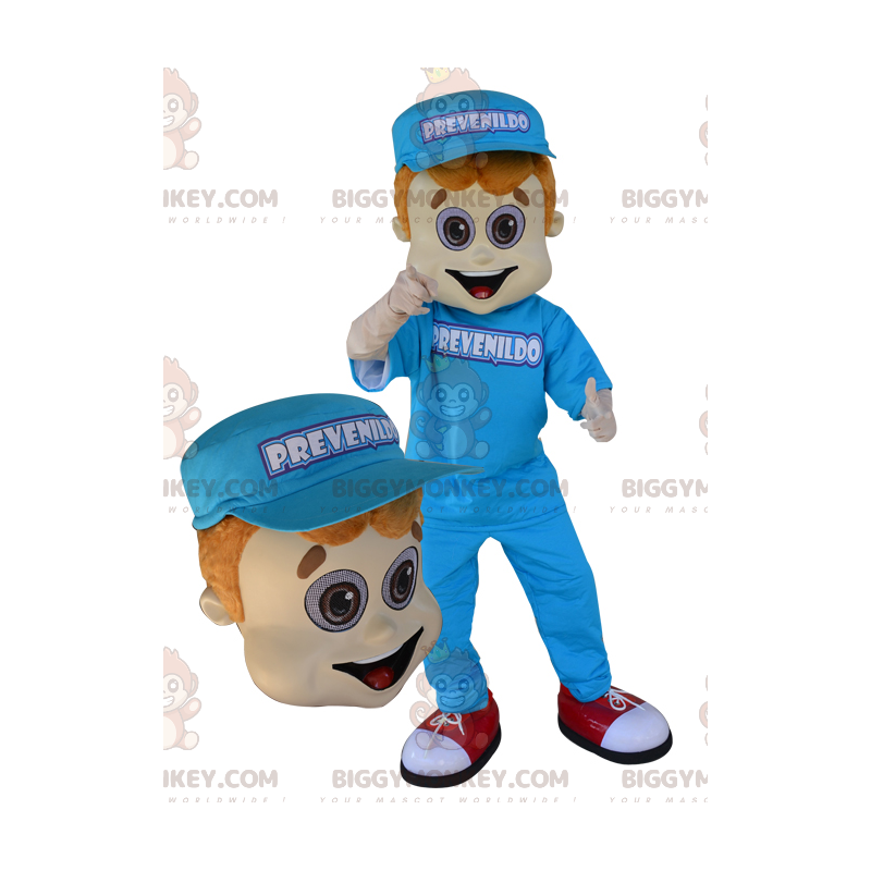 Traje de mascote BIGGYMONKEY™ de jovem vestido de azul com um