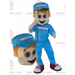 BIGGYMONKEY™ maskotdräkt av ung man klädd i blått med en keps -