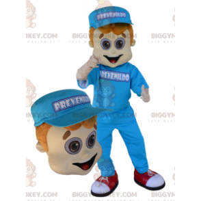 Traje de mascote BIGGYMONKEY™ de jovem vestido de azul com um