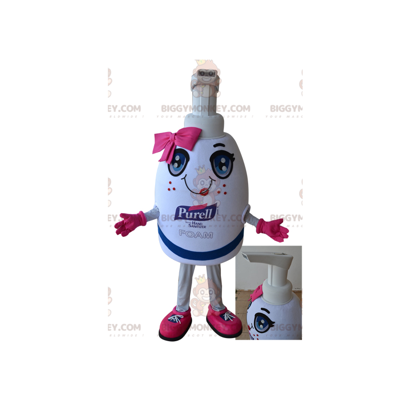 Kostým maskota BIGGYMONKEY™ v bílé a růžové obří mýdlové láhvi