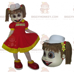 Pienen tytön BIGGYMONKEY™ maskottiasu punaisessa ja keltaisessa