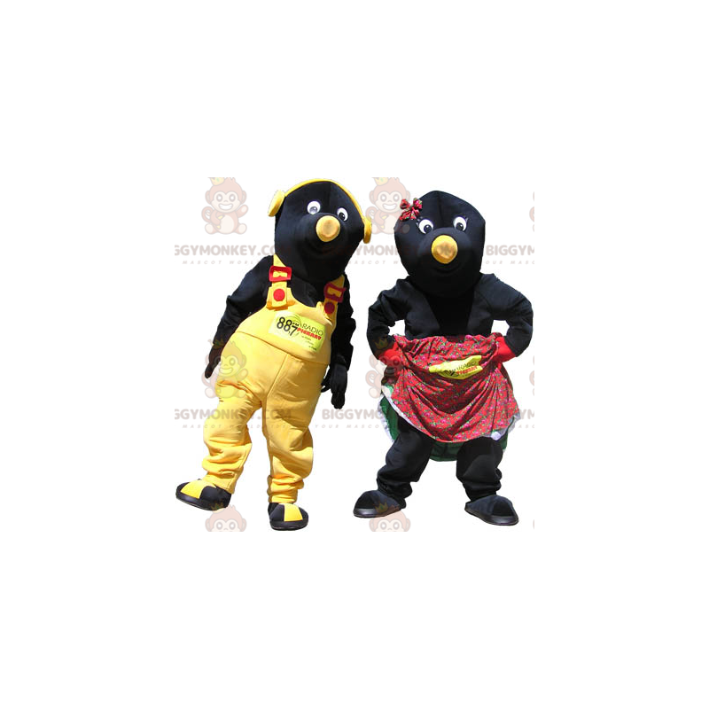 2 mascotes BIGGYMONKEY™s casal de toupeiras pretas e amarelas –
