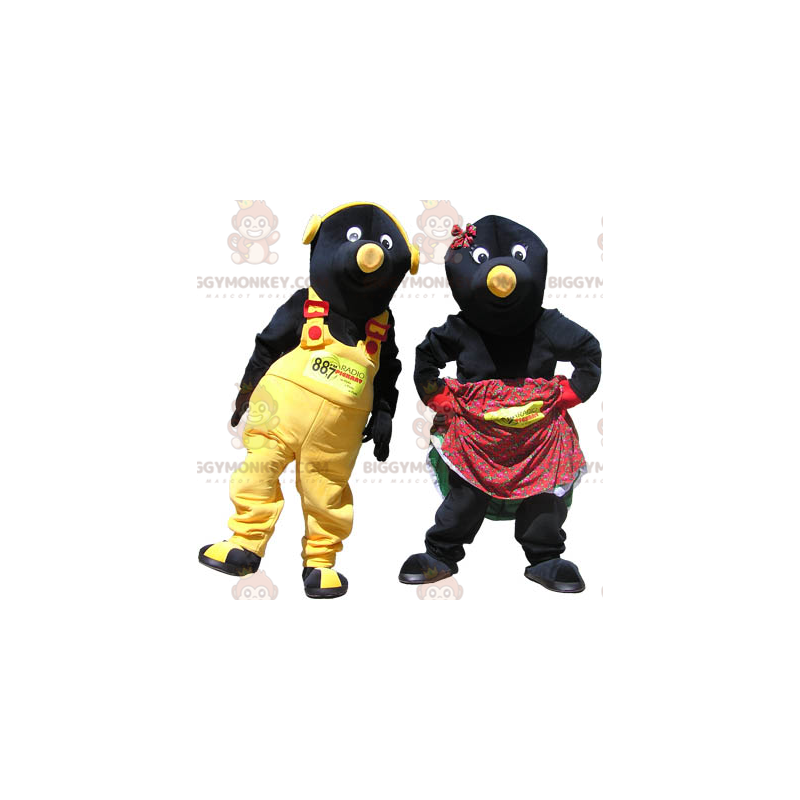 2 Maskottchen BIGGYMONKEY™ schwarz-gelbe Maulwürfe -