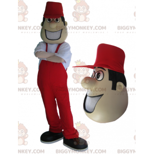 BIGGYMONKEY™ mascot costume of man in red overalls and cap. –