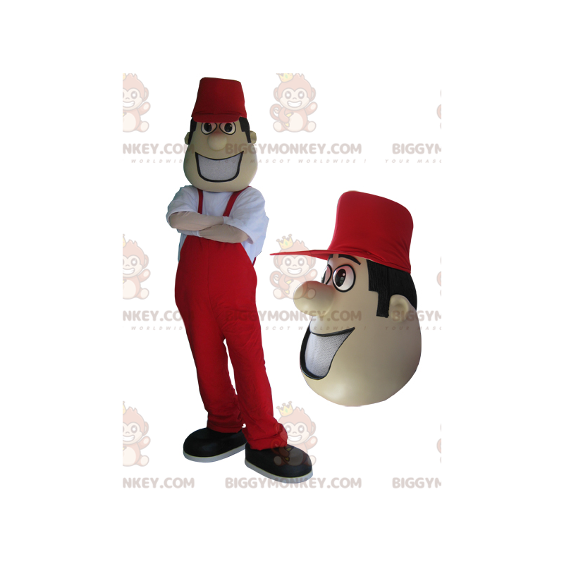 BIGGYMONKEY™ mascot costume of man in red overalls and cap. -