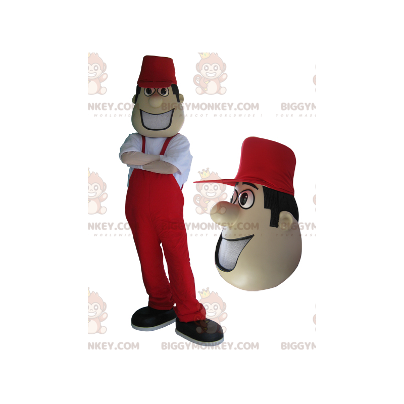 BIGGYMONKEY™ mascot costume of man in red overalls and cap. –