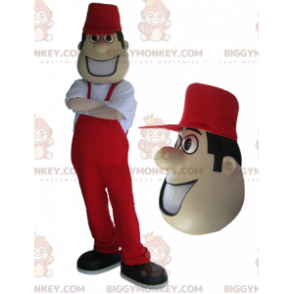 BIGGYMONKEY™ mascot costume of man in red overalls and cap. –