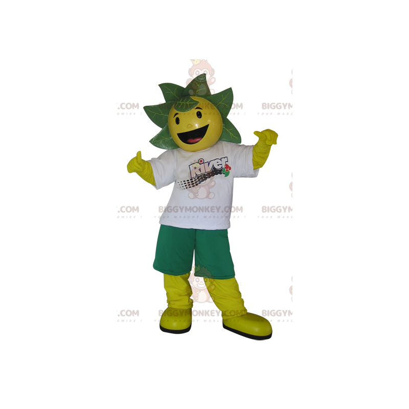 Traje de mascote BIGGYMONKEY™ de boneco de neve amarelo e verde