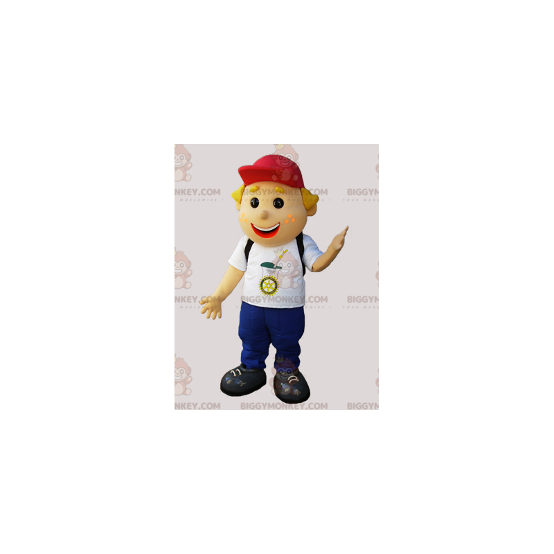 Traje de mascote BIGGYMONKEY™ de menino de escola sorridente –