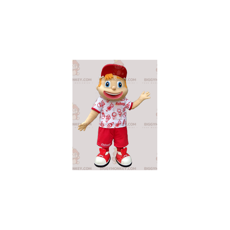 Kostým maskota mladého chlapce BIGGYMONKEY™ v červenobílém