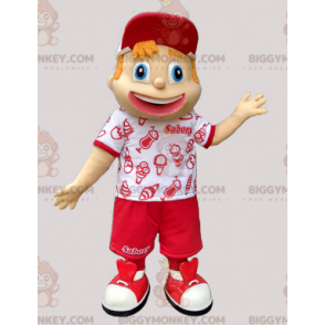 Kostým maskota mladého chlapce BIGGYMONKEY™ v červenobílém