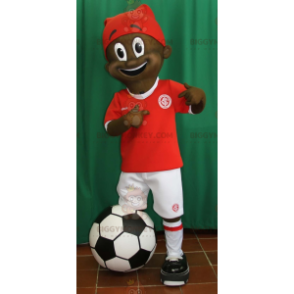 BIGGYMONKEY™ Ung afrikansk pojkemaskotdräkt i fotbollsoutfit -