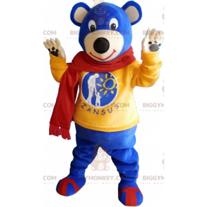 BIGGYMONKEY™ maskotkostume Blå bjørnebjørn iført rødt tørklæde