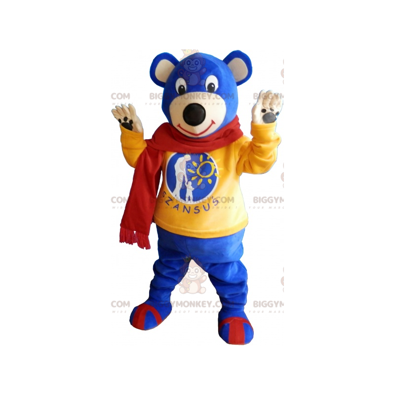 BIGGYMONKEY™ Mascot Costume Blue Bear Bear Wearing Red Scarf -