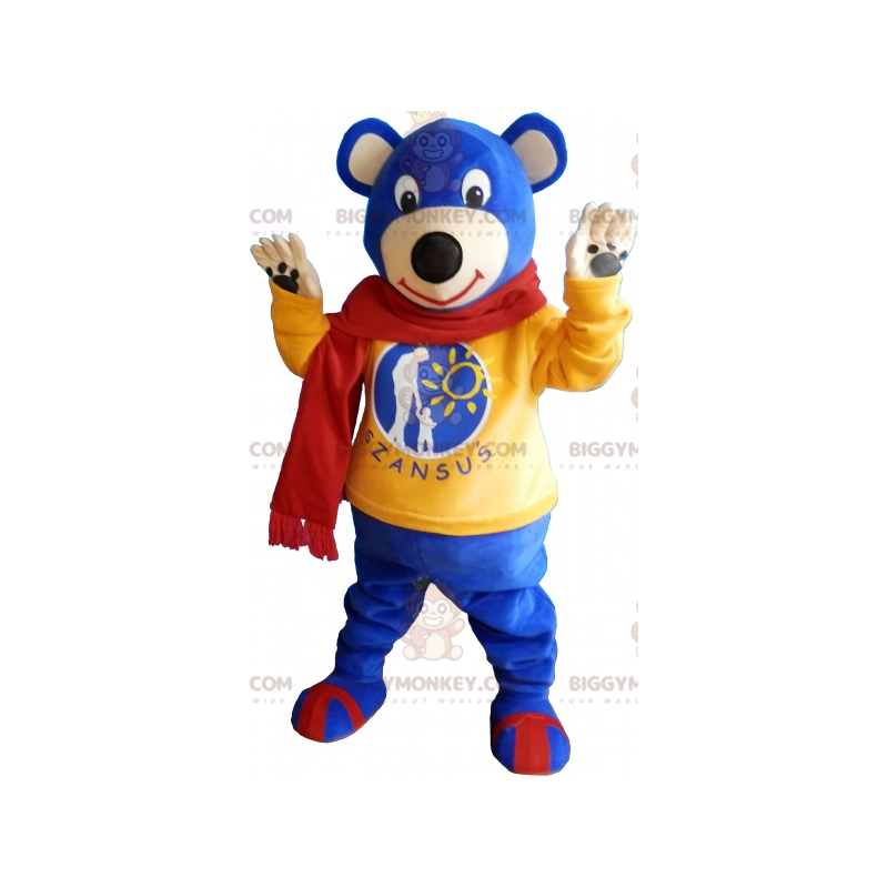 BIGGYMONKEY™ μασκότ στολή Μπλε Αρκούδα που φορά κόκκινο κασκόλ