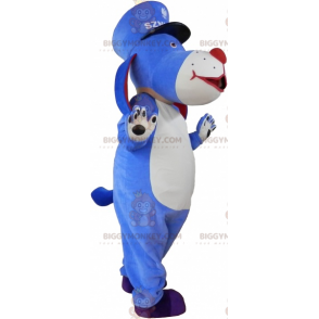 Costume mascotte BIGGYMONKEY™ cane blu e bianco con Kepi -