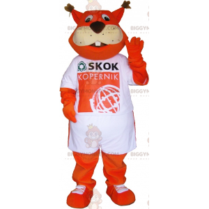 Oranje vos BIGGYMONKEY™ mascottekostuum draagt T-shirt -