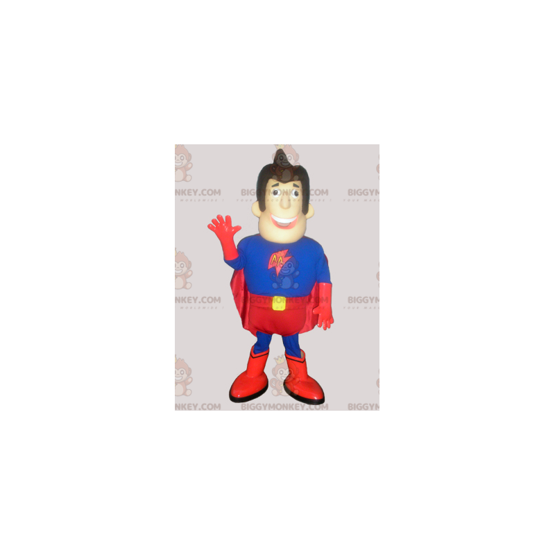 Traje de mascote de super-herói homem azul e vermelho