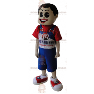 Boy's BIGGYMONKEY™ Mascot Costume in Blue Overalls and Red