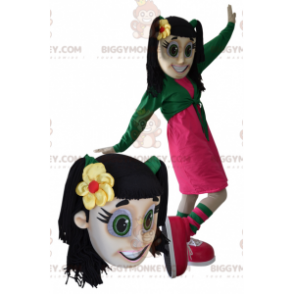 Kostium maskotki BIGGYMONKEY™ Brązowa nastolatka z zielonymi