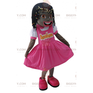 BIGGYMONKEY™ Little African Girl Mascot Costume Dressed In Pink