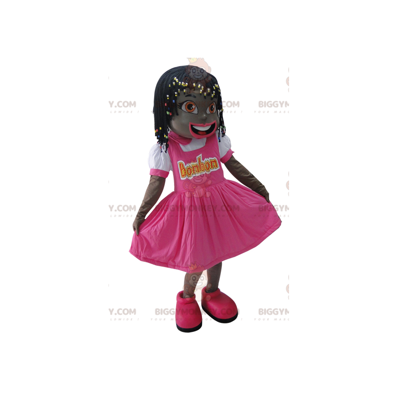 BIGGYMONKEY™ Little African Girl Mascot Costume Dressed In Pink