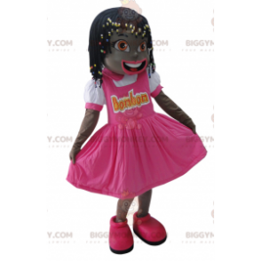 BIGGYMONKEY™ Little African Girl Mascot Costume Dressed In Pink