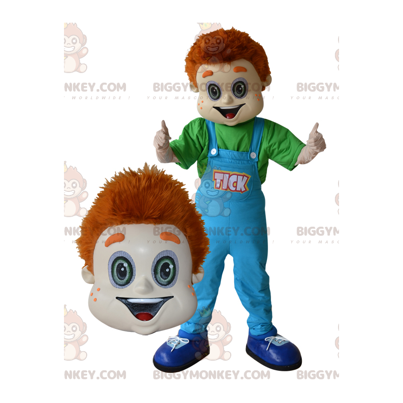 Ginger Boy BIGGYMONKEY™ mascottekostuum met blauwe overall -
