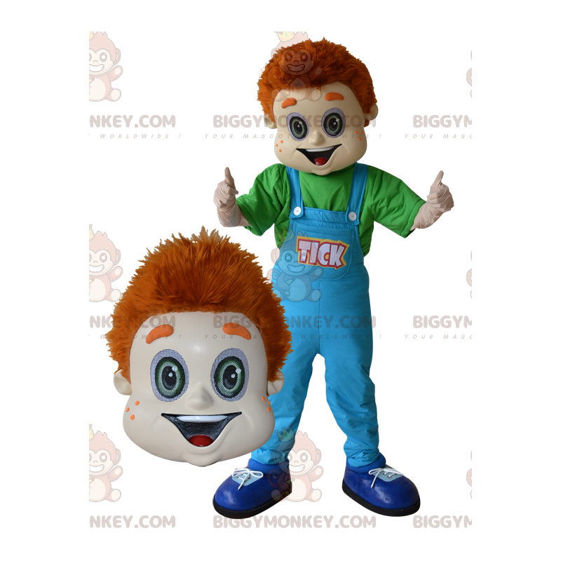 Ginger Boy BIGGYMONKEY™ maskotdräkt med blå overall -