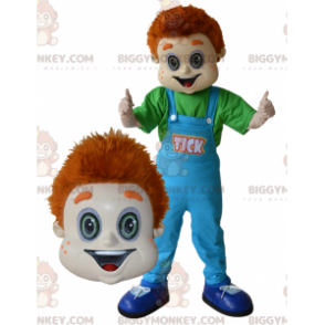 Ginger Boy BIGGYMONKEY™ mascottekostuum met blauwe overall -